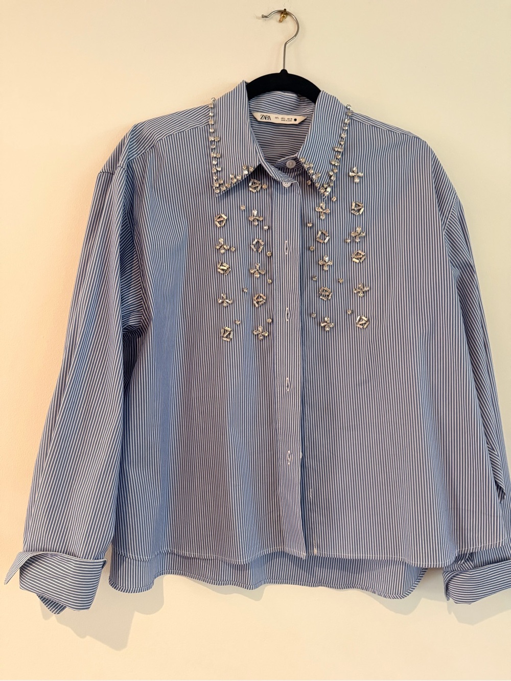 Zara Light Blue Pinstripe Shirt with Silver Embellishments